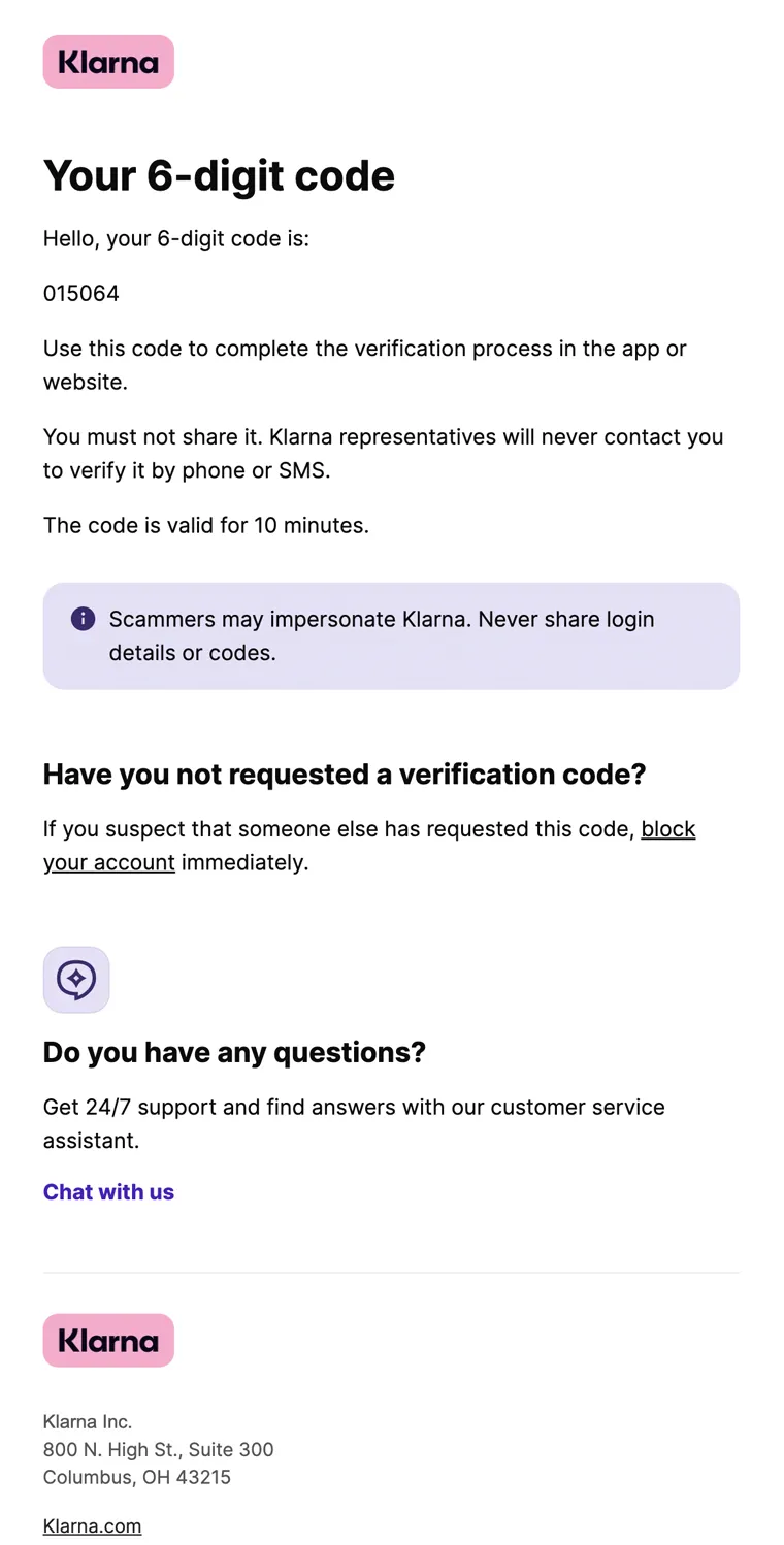 Verification code Email Template — Klarna